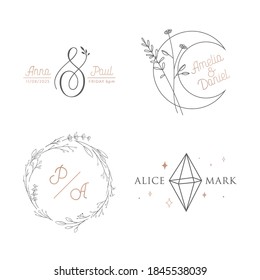 Wedding logo luxury collection. Monogram elegant identity for restaurant, boutique. Vector modern minimalistic templates. Floral wreath for Invitation, Save the Date Cards. Calligraphic emblem frame
