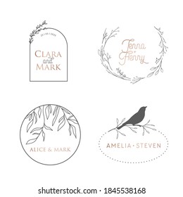 Wedding logo luxury collection. Monogram elegant identity for restaurant, boutique. Vector modern minimalistic templates. Floral wreath for Invitation, Save the Date Cards. Calligraphic emblem frame