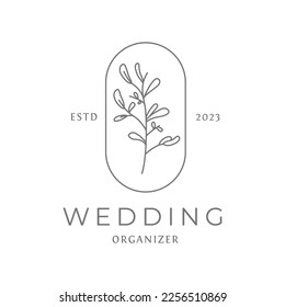 Hochzeitslogo. Minimalistische Blumenrahmen. Elegante Kräuter oder Blüten. botanischer Vektorausweis
