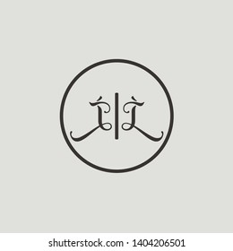 Wedding logo monogram with two curly letters mirrored. Initial black letter i ii inside circle vector logo design template on grey background. Suitable for wedding invitation, tailor, print, web.