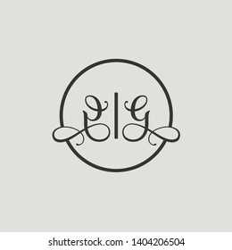 Wedding logo monogram with two curly letters mirrored. Initial black letter g gg inside circle vector logo design template on grey background. Suitable for wedding invitation, tailor, print, web.