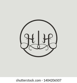 Wedding logo monogram with two curly letters mirrored. Initial black letter h hh inside circle vector logo design template on grey background. Suitable for wedding invitation, tailor, print, web.