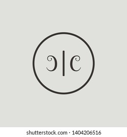 Wedding logo monogram with two curly letters mirrored. Initial black letter c cc inside circle vector logo design template on grey background. Suitable for wedding invitation, tailor, print, web.