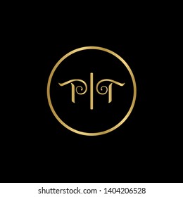 Wedding logo monogram with two curly letters mirrored. Initial gold letter t tt inside circle vector logo design template on black background. Suitable for wedding invitation, tailor shop, print, web.