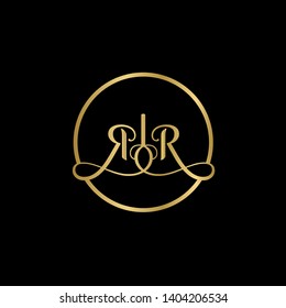 Wedding logo monogram with two curly letters mirrored. Initial gold letter r rr inside circle vector logo design template on black background. Suitable for wedding invitation, tailor shop, print, web.