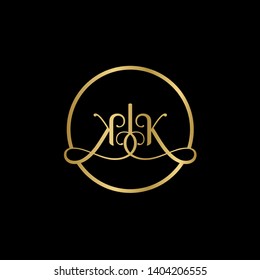 Wedding logo monogram with two curly letters mirrored. Initial gold letter k kk inside circle vector logo design template on black background. Suitable for wedding invitation, tailor shop, print, web.