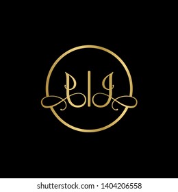 Wedding logo monogram with two curly letters mirrored. Initial gold letter j jj inside circle vector logo design template on black background. Suitable for wedding invitation, tailor shop, print, web.
