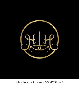 Hochzeitslogo Monogramm mit zwei lockigen Buchstaben gespiegelt. Initial goldener Buchstabe h hh im Innenkreis Vektor Logo Design-Vorlage auf schwarzem Hintergrund. Geeignet für Hochzeitseinladung, Schneiderei, Print, Web.