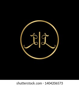 Wedding logo monogram with two curly letters mirrored. Initial gold letter i ii inside circle vector logo design template on black background. Suitable for wedding invitation, tailor shop, print, web.