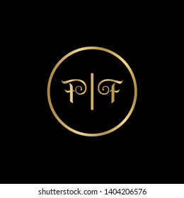 Wedding logo monogram with two curly letters mirrored. Initial gold letter f ff inside circle vector logo design template on black background. Suitable for wedding invitation, tailor shop, print, web.