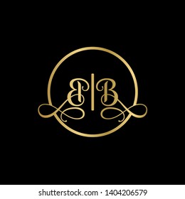 Wedding logo monogram with two curly letters mirrored. Initial gold letter b bb inside circle vector logo design template on black background. Suitable for wedding invitation, tailor shop, print, web.