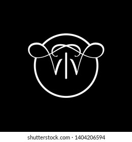 Wedding logo monogram with two curly letters mirrored. Initial white letter v vv inside circle vector logo design template on black background. Suitable for wedding invitation, tailor, print, web.