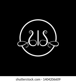 Wedding logo monogram with two curly letters mirrored. Initial white letter s ss inside circle vector logo design template on black background. Suitable for wedding invitation, tailor, print, web.