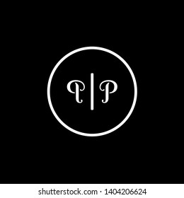 Wedding logo monogram with two curly letters mirrored. Initial white letter p pp inside circle vector logo design template on black background. Suitable for wedding invitation, tailor, print, web.