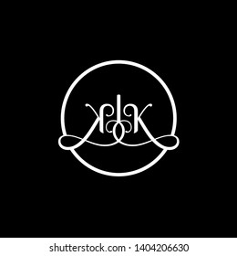 Wedding logo monogram with two curly letters mirrored. Initial white letter k kk inside circle vector logo design template on black background. Suitable for wedding invitation, tailor, print, web.