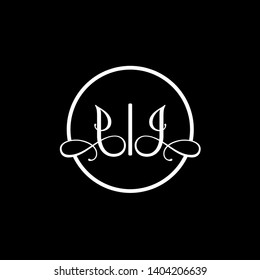Wedding logo monogram with two curly letters mirrored. Initial white letter j jj inside circle vector logo design template on black background. Suitable for wedding invitation, tailor, print, web.