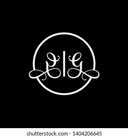 Wedding logo monogram with two curly letters mirrored. Initial white letter g gg inside circle vector logo design template on black background. Suitable for wedding invitation, tailor, print, web.
