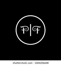 Wedding logo monogram with two curly letters mirrored. Initial white letter f ff inside circle vector logo design template on black background. Suitable for wedding invitation, tailor, print, web.