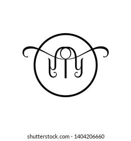 Wedding logo monogram with two curly letters mirrored. Initial black letter y yy inside circle vector logo design template on white background. Suitable for wedding invitation, tailor, print, web.
