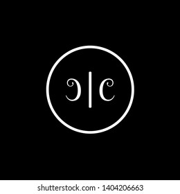 Wedding logo monogram with two curly letters mirrored. Initial white letter c cc inside circle vector logo design template on black background. Suitable for wedding invitation, tailor, print, web.