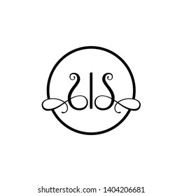 Wedding logo monogram with two curly letters mirrored. Initial black letter s ss inside circle vector logo design template on white background. Suitable for wedding invitation, tailor, print, web.
