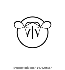 Wedding logo monogram with two curly letters mirrored. Initial black letter v vv inside circle vector logo design template on white background. Suitable for wedding invitation, tailor, print, web.