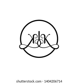 Wedding logo monogram with two curly letters mirrored. Initial black letter k kk inside circle vector logo design template on white background. Suitable for wedding invitation, tailor, print, web.