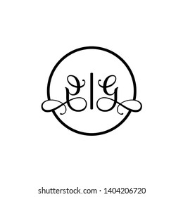 Wedding logo monogram with two curly letters mirrored. Initial black letter g gg inside circle vector logo design template on white background. Suitable for wedding invitation, tailor, print, web.