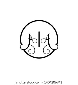 Wedding logo monogram with two curly letters mirrored. Initial black letter a aa inside circle vector logo design template on white background. Suitable for wedding invitation, tailor, print, web.