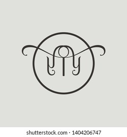 Wedding logo monogram with two curly letters mirrored. Initial black letter y yy inside circle vector logo design template on grey background. Suitable for wedding invitation, tailor, print, web.