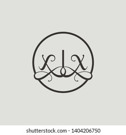 Wedding logo monogram with two curly letters mirrored. Initial black letter x xx inside circle vector logo design template on grey background. Suitable for wedding invitation, tailor, print, web.