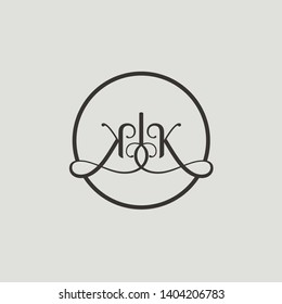 Wedding logo monogram with two curly letters mirrored. Initial black letter k kk inside circle vector logo design template on grey background. Suitable for wedding invitation, tailor, print, web.