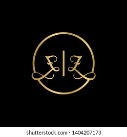 Wedding logo monogram with two curly letters mirrored. Initial gold letter z zz inside circle vector logo design template on black background. Suitable for wedding invitation, tailor, print, web.