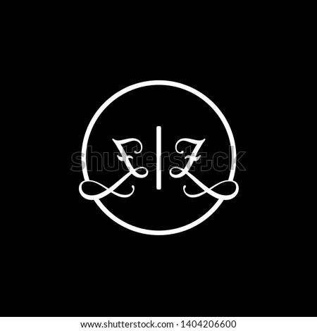 Wedding logo monogram with two curly letters mirrored. Initial white letter z zz inside circle logo design template on black background. Suitable for wedding invitation, tailor shop, print, web.