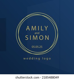 Wedding logo template with names and date of celebration on a blue background with golden letters and rings for printing and design. Vector illustration