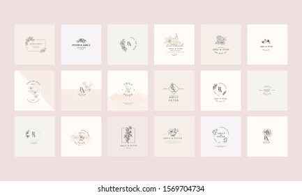 Wedding logo vector set. Floral and  hand drawn element. Monogram logos collection, Minimal luxury style brand identity template.