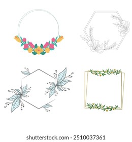 Plantilla de Vector del logotipo de la Boda. Elemento de logotipo botánico y floral. Conjunto de marcos de bordes y divisores. Hojas dibujadas a mano, rama, hierba, flor, rosa. Diseño de marco de belleza y moda para logotipo e invitación.