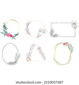 Wedding logo vector template. Botanical and floral logo element. Borders and dividers frame set. Hand drawn leaves branch, herb,flower, rose. Beauty and fashion frame design for logo and invitation.