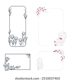 Plantilla de Vector del logotipo de la Boda. Elemento de logotipo botánico y floral. Conjunto de marcos de bordes y divisores. Hojas dibujadas a mano, rama, hierba, flor, rosa. Diseño de marco de belleza y moda para logotipo e invitación.