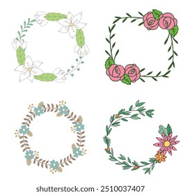 Wedding logo vector template. Botanical and floral logo element. Borders and dividers frame set. Hand drawn leaves branch, herb,flower, rose. Beauty and fashion frame design for logo and invitation.