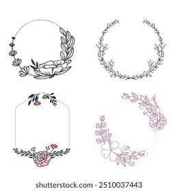 Hochzeits-Logo, Vektorvorlage. Botanisches und florales Logo-Element. Rahmensatz für Rahmen und Unterteilungen. Handgezeichnete Blätter Zweig, Kraut, Blume, Rose. Beauty- und Modedesign für Logo und Einladung.