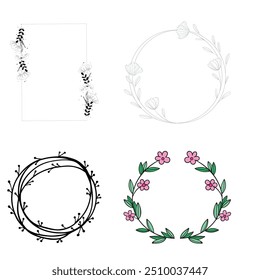 Wedding logo vector template. Botanical and floral logo element. Borders and dividers frame set. Hand drawn leaves branch, herb,flower, rose. Beauty and fashion frame design for logo and invitation.