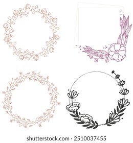 Hochzeits-Logo, Vektorvorlage. Botanisches und florales Logo-Element. Rahmensatz für Rahmen und Unterteilungen. Handgezeichnete Blätter Zweig, Kraut, Blume, Rose. Beauty- und Modedesign für Logo und Einladung.