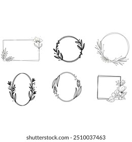 Plantilla de Vector del logotipo de la Boda. Elemento de logotipo botánico y floral. Conjunto de marcos de bordes y divisores. Hojas dibujadas a mano, rama, hierba, flor, rosa. Diseño de marco de belleza y moda para logotipo e invitación.