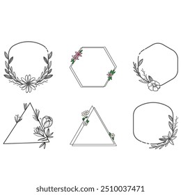 Plantilla de Vector del logotipo de la Boda. Elemento de logotipo botánico y floral. Conjunto de marcos de bordes y divisores. Hojas dibujadas a mano, rama, hierba, flor, rosa. Diseño de marco de belleza y moda para logotipo e invitación.