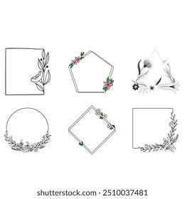 Modelo de vetor de logotipo de casamento. Logotipo botânico e floral. Conjunto de quadros de bordas e divisórias. Mão desenhado ramos folhas, erva, flor, rosa. Design de quadro de beleza e moda para logotipo e convite.