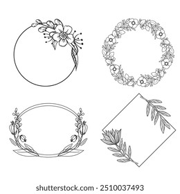 Wedding logo vector template. Botanical and floral logo element. Borders and dividers frame set. Hand drawn leaves branch, herb,flower, rose. Beauty and fashion frame design for logo and invitation.