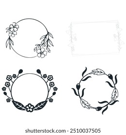 Modelo de vetor de logotipo de casamento. Logotipo botânico e floral. Conjunto de quadros de bordas e divisórias. Mão desenhado ramos folhas, erva, flor, rosa. Design de quadro de beleza e moda para logotipo e convite.