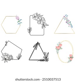 Plantilla de Vector del logotipo de la Boda. Elemento de logotipo botánico y floral. Conjunto de marcos de bordes y divisores. Hojas dibujadas a mano, rama, hierba, flor, rosa. Diseño de marco de belleza y moda para logotipo e invitación.