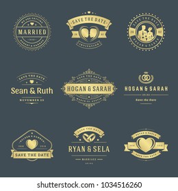 Wedding logos and badges vector and design elements set. Vintage typography titles for save the date invitations cards, decoration ornaments and symbols.